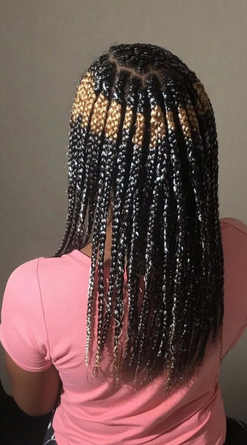 A back view of long, sleek knotless box braids with honey blonde highlights.