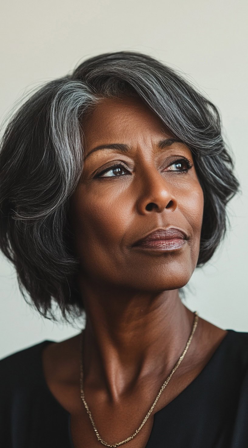 An elegant older Black woman with a layered salt-and-pepper bob, styled with a soft side sweep, exuding sophistication.