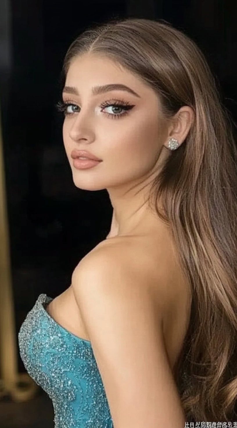 A woman in a shimmering blue strapless gown with long, sleek hair parted down the middle.