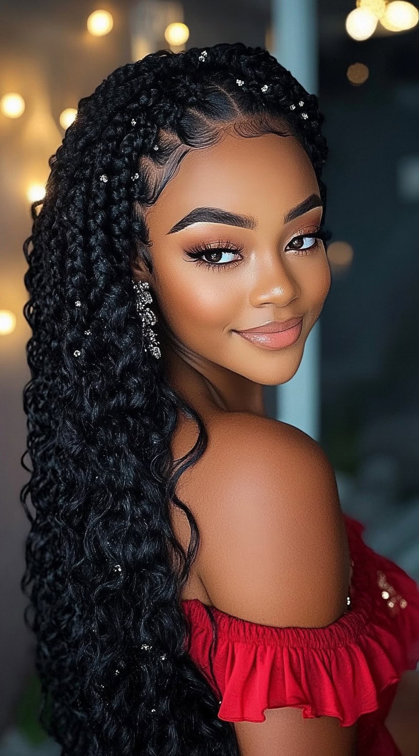A woman with long, voluminous knotless braids cascading down her back, adorned with small silver accessories, styled with soft curls at the ends.