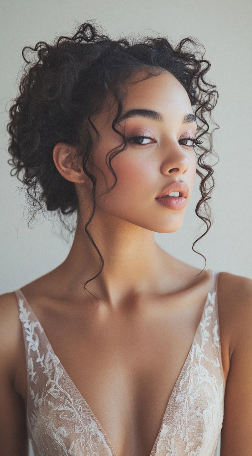 A woman with a soft, loose curly bun with natural face-framing tendrils, wearing a delicate lace gown.