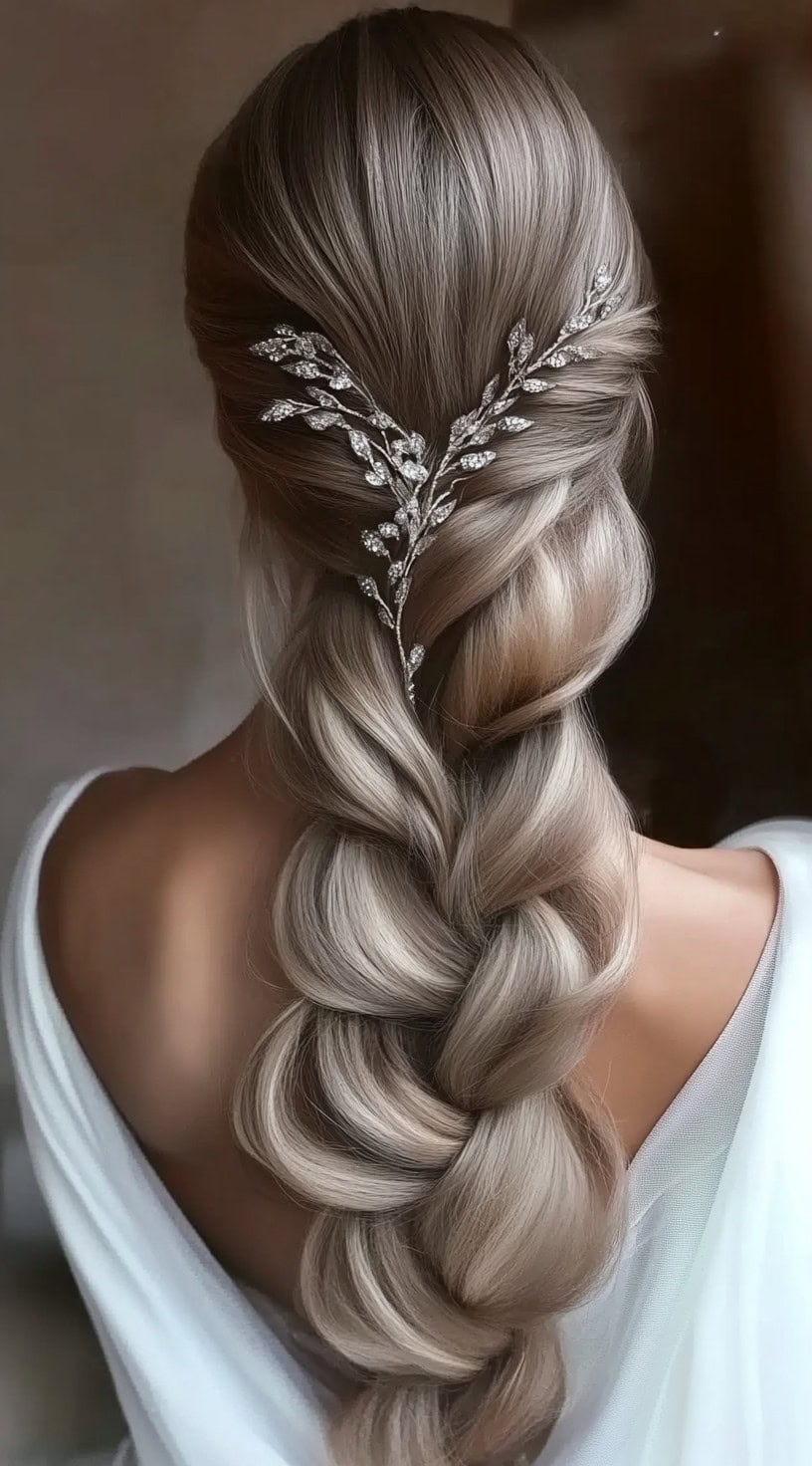 A woman with long, cool-toned blonde hair styled into a loose, voluminous twisted braid, adorned with a crystal-embellished hairpiece.