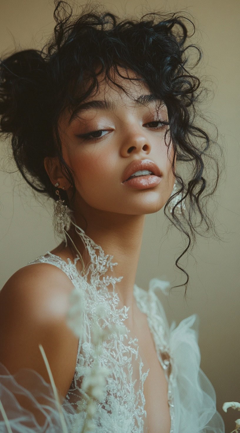 A woman with a tousled, romantic curly updo with wispy tendrils framing her face, wearing an ethereal lace dress.
