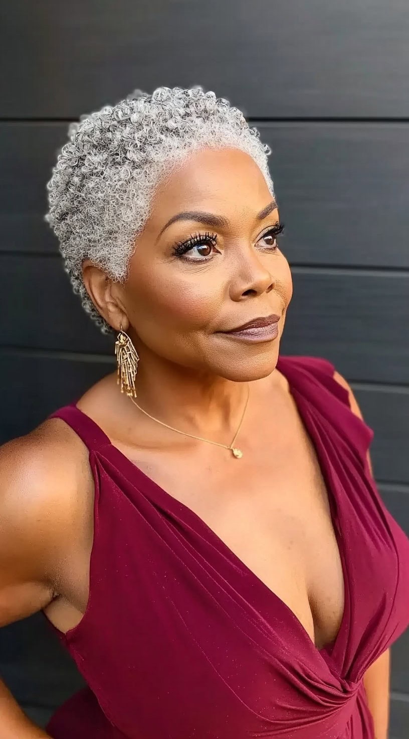 A confident older Black woman with a short, silver TWA, wearing a burgundy dress and gold accessories, looking radiant.