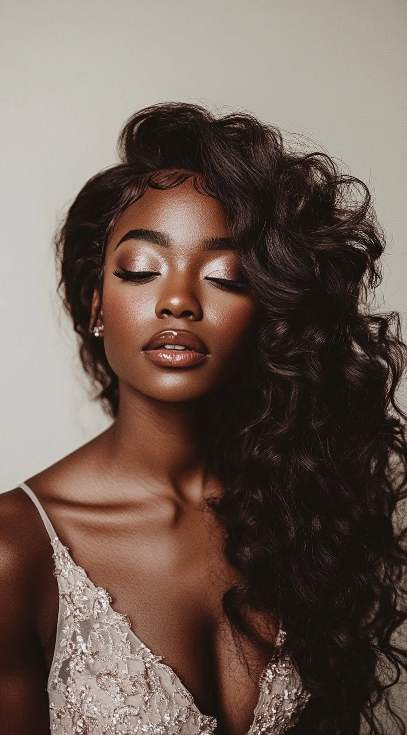 A woman with glamorous, side-swept Old Hollywood curls, wearing a beaded champagne gown and glowing makeup.