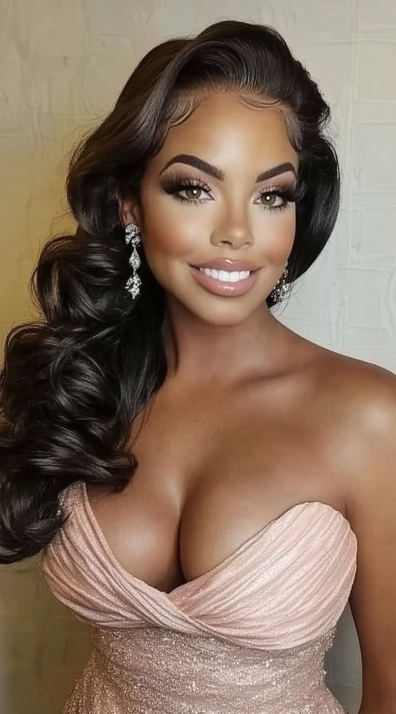 A woman with glossy, voluminous dark brown waves cascading over one shoulder, wearing glamorous makeup and diamond drop earrings.