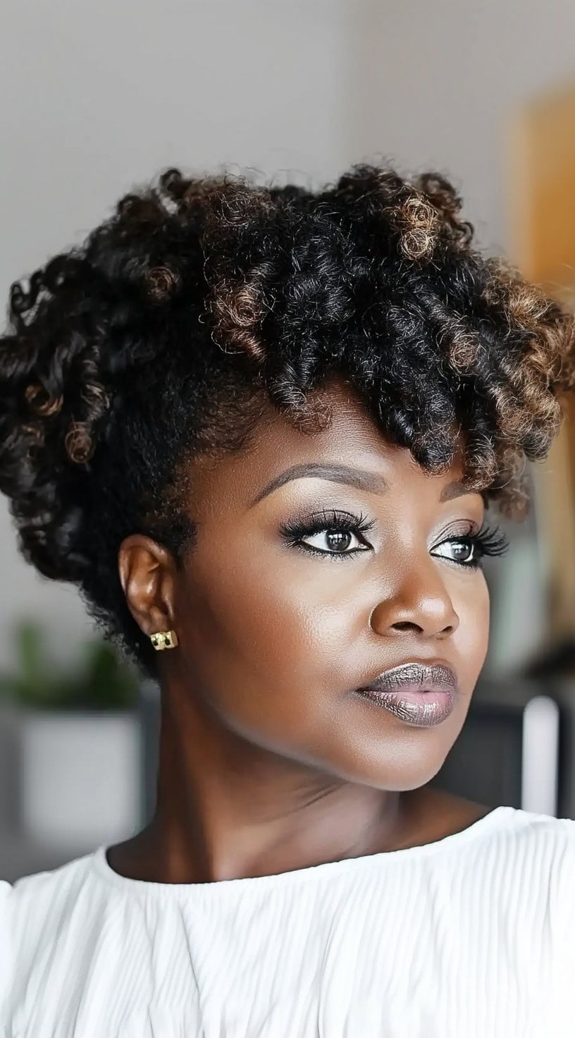 Front-facing portrait of a woman showcasing a pineapple updo hairstyle featuring voluminous curls with caramel highlights.