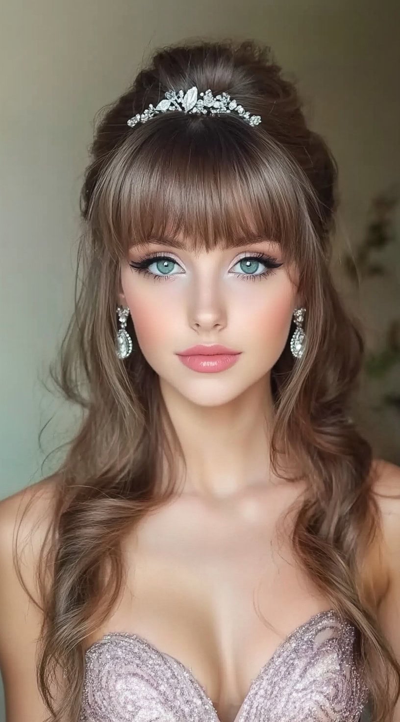 A woman with voluminous half-up curls, full bangs, and a sparkling tiara, wearing a shimmering pink dress and statement earrings.