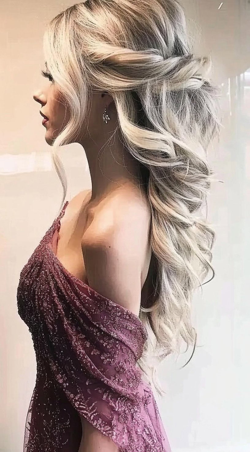 A woman with platinum blonde, loosely curled hair styled into a half-up twist, wearing an elegant deep mauve gown.