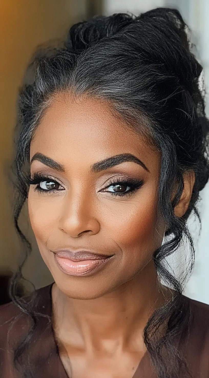 A frontal view of an older black woman wearing a romantic messy high bun hairstyle with loose, soft tendrils framing her face.