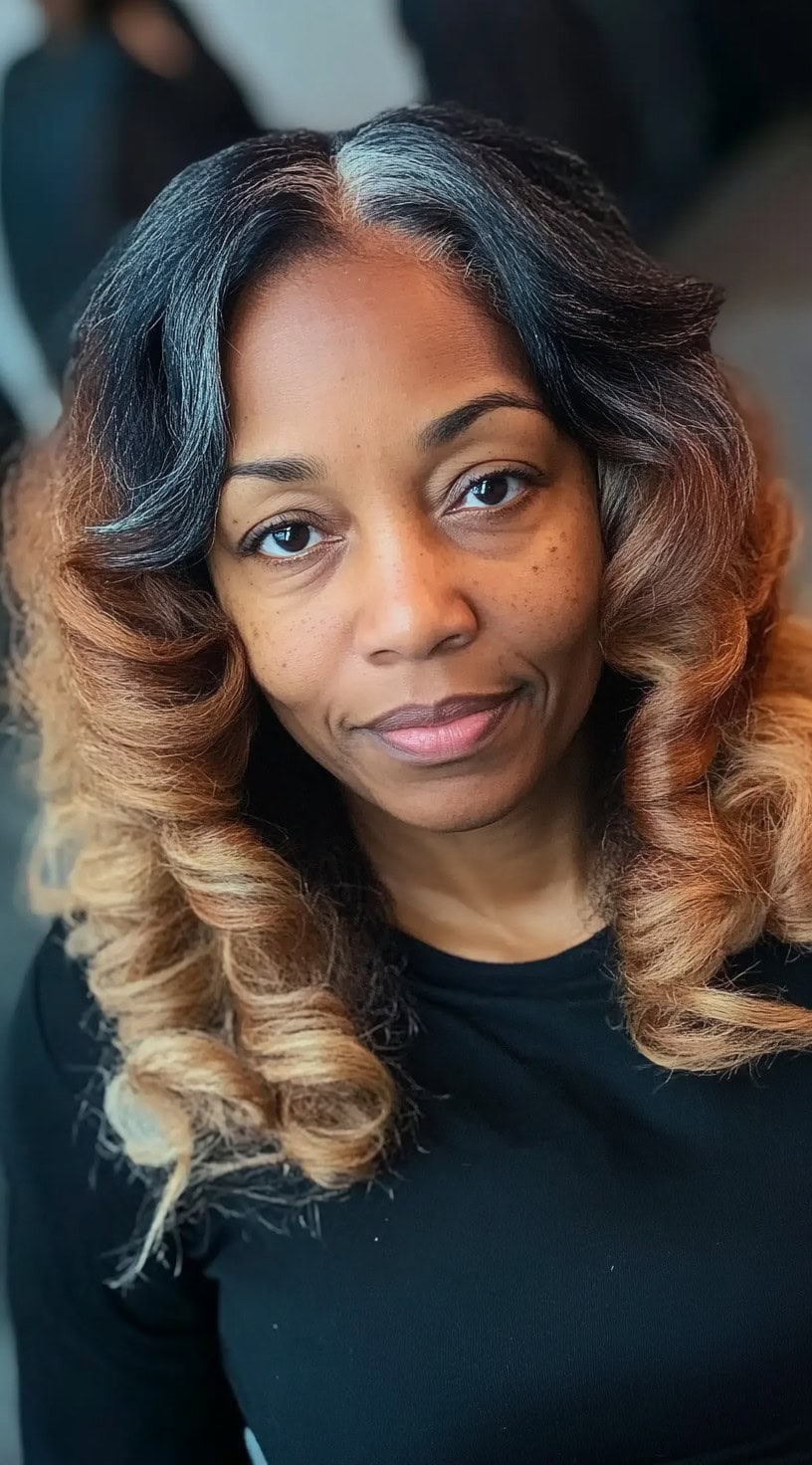 A woman with voluminous curls featuring a mix of silver and honey-blonde tones, styled with a soft middle part.
