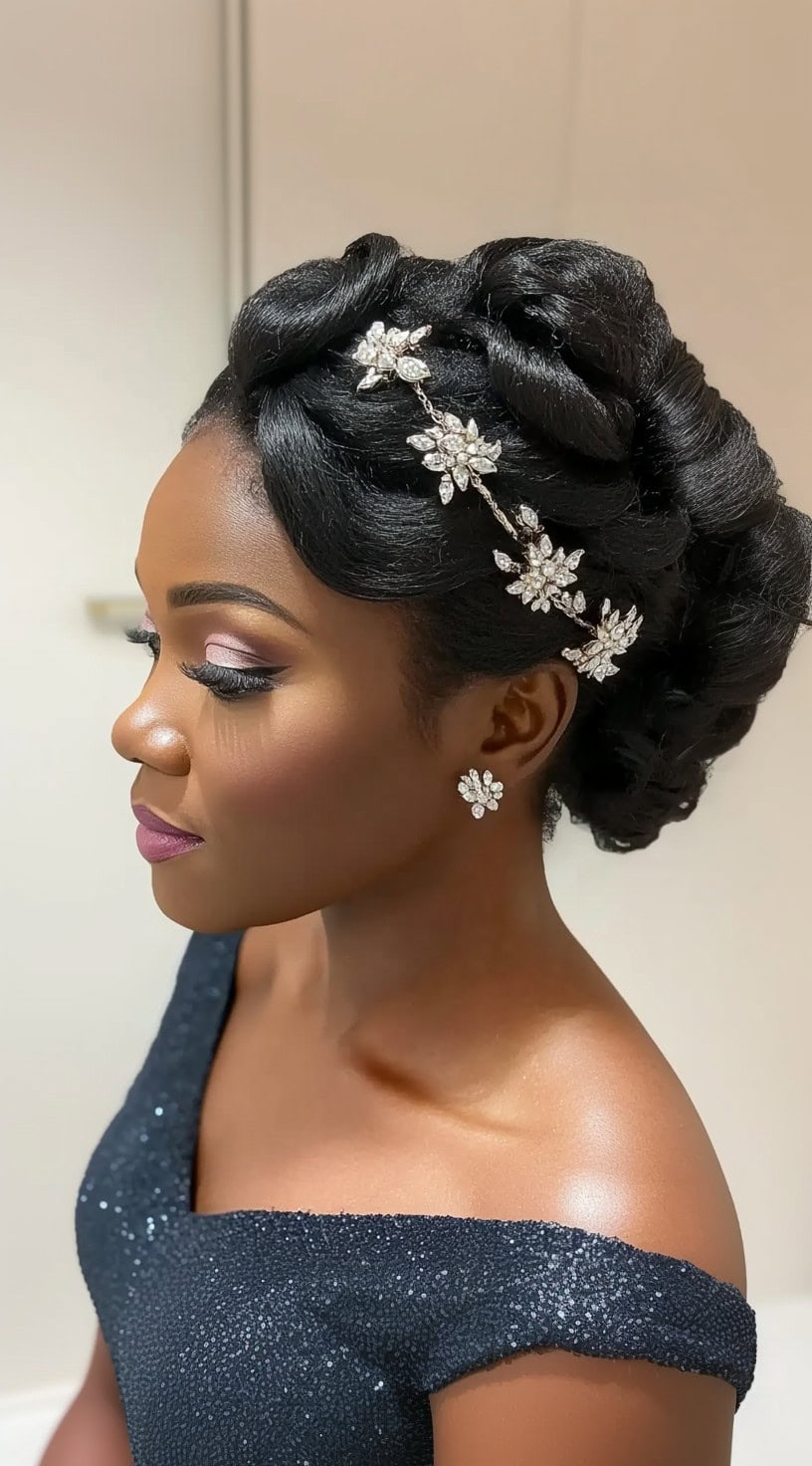 A woman in a dark gown with an intricate twisted low bun, adorned with a sparkling crystal hairpiece for an elegant touch.