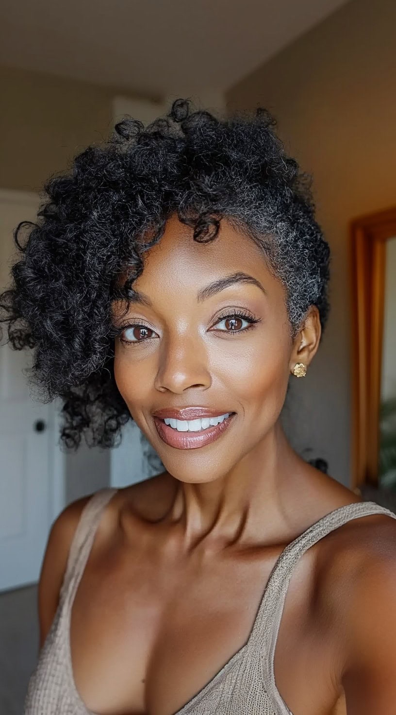 A woman with a short, naturally curly afro with silver strands framing her face.