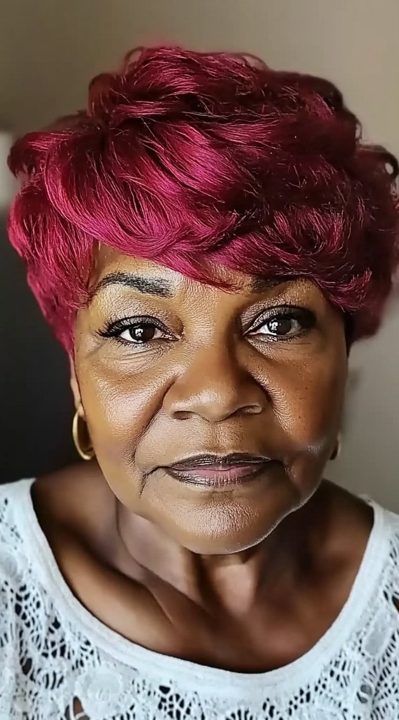 A woman with a short, feathered pixie cut in a deep burgundy shade, styled with soft layers for volume.