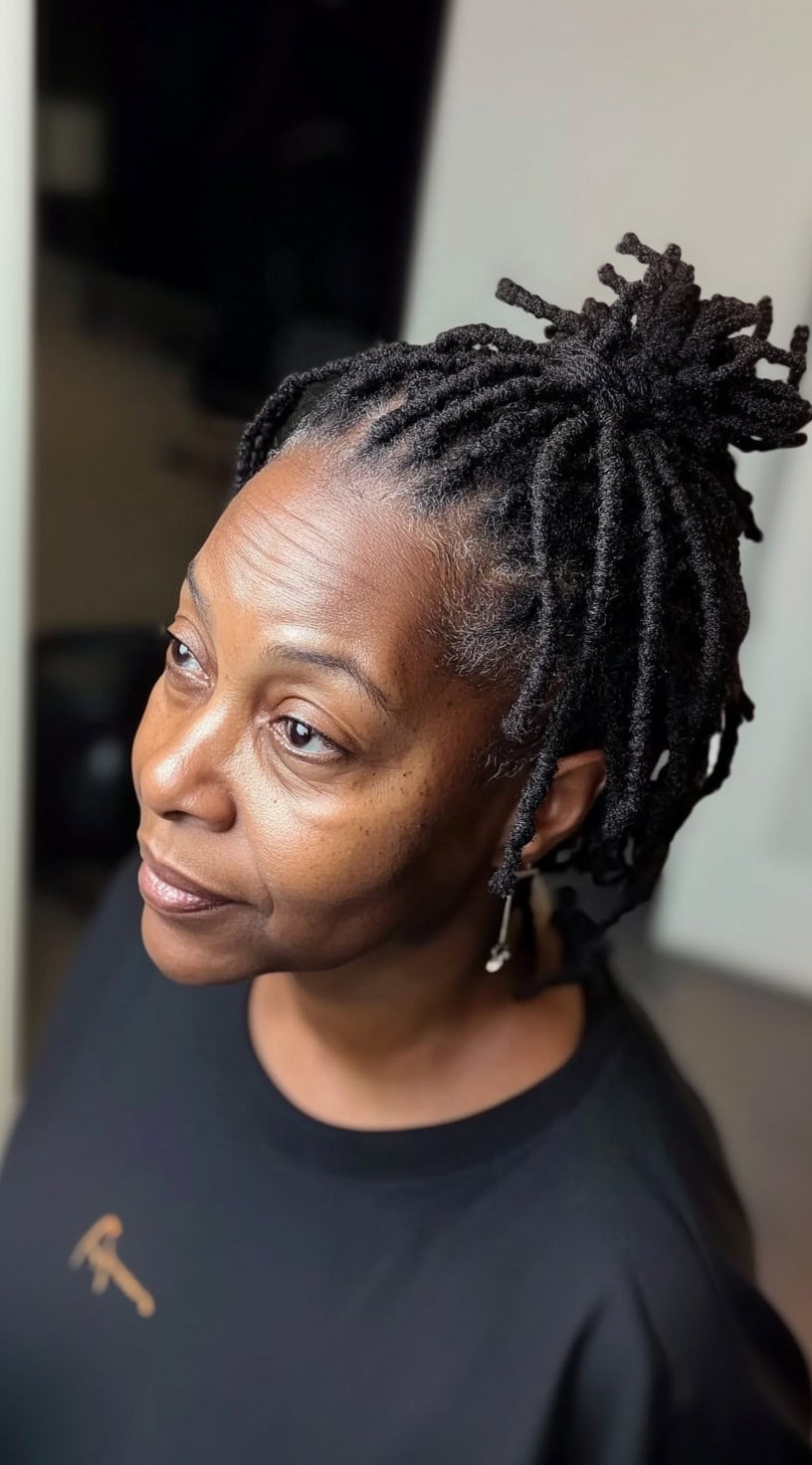 Profile of a woman with short locs elegantly pulled into a high ponytail, partially cascading forward.