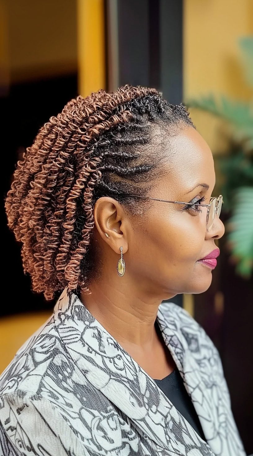 A woman with short, passion twists in a rich brown shade, styled in a layered, voluminous shape.
