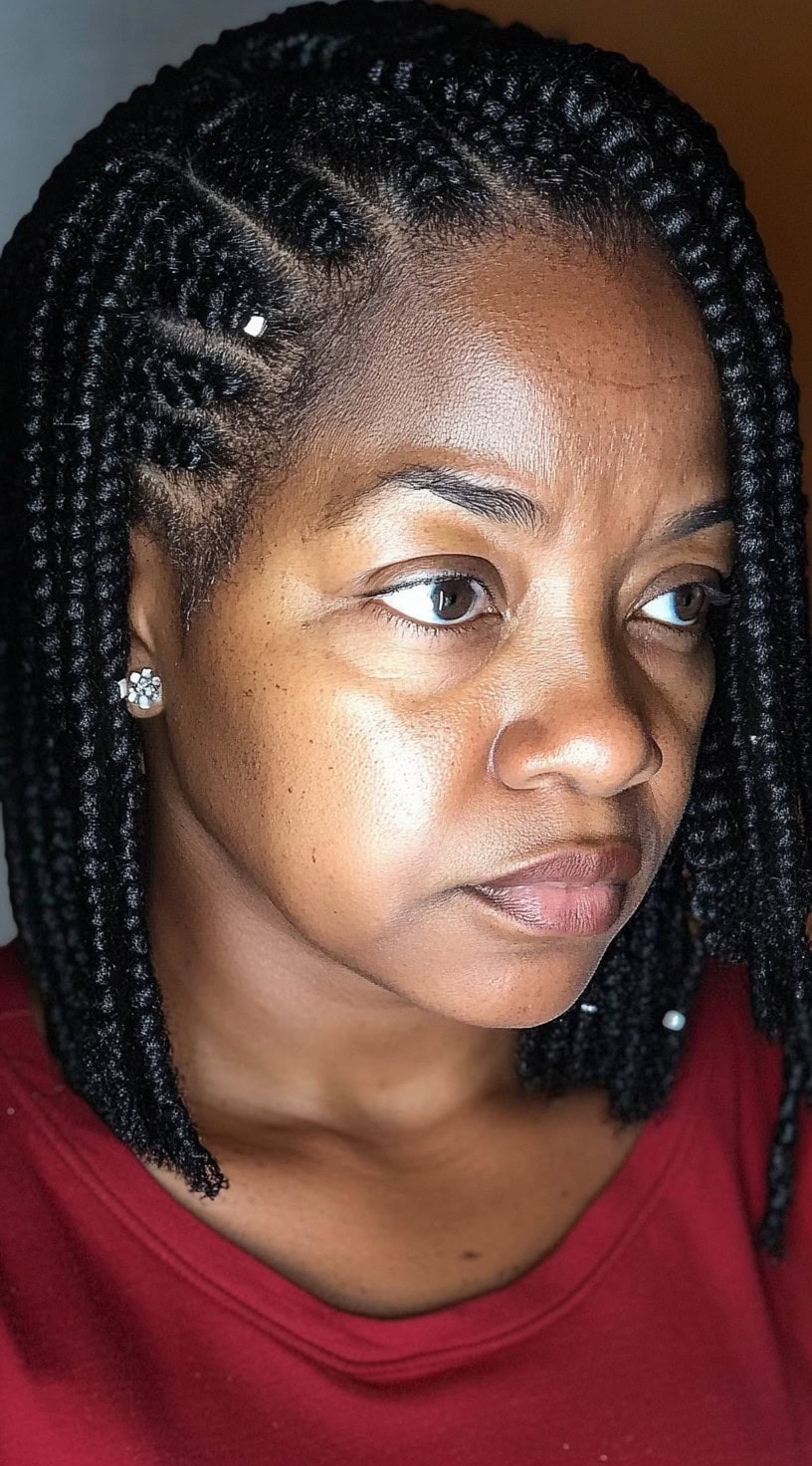 A woman with shoulder-length knotless braids styled with a side part and small silver beads accenting some strands.