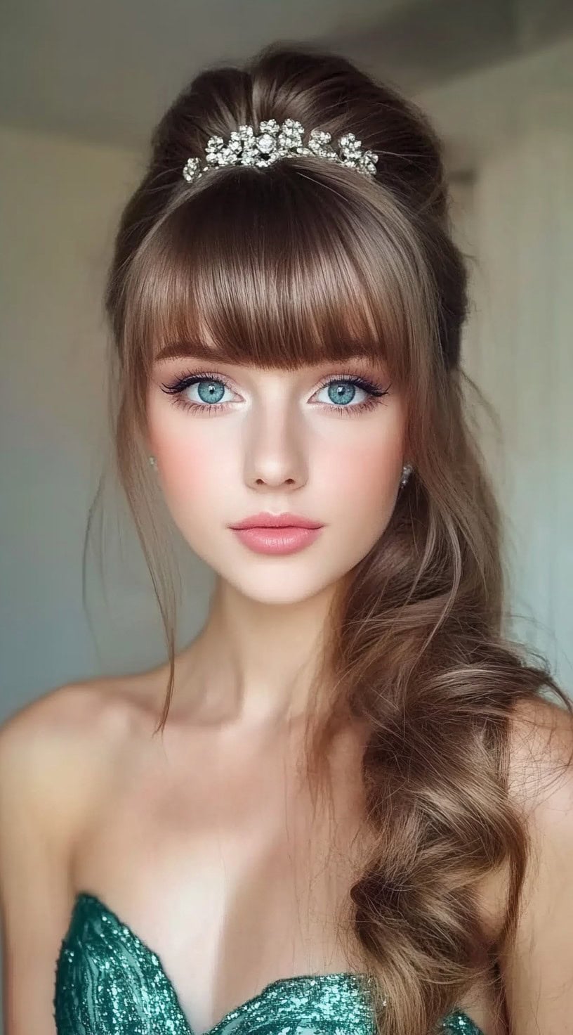 A woman with a voluminous side-swept curled ponytail, blunt bangs, and a tiara, wearing a glamorous emerald green dress.