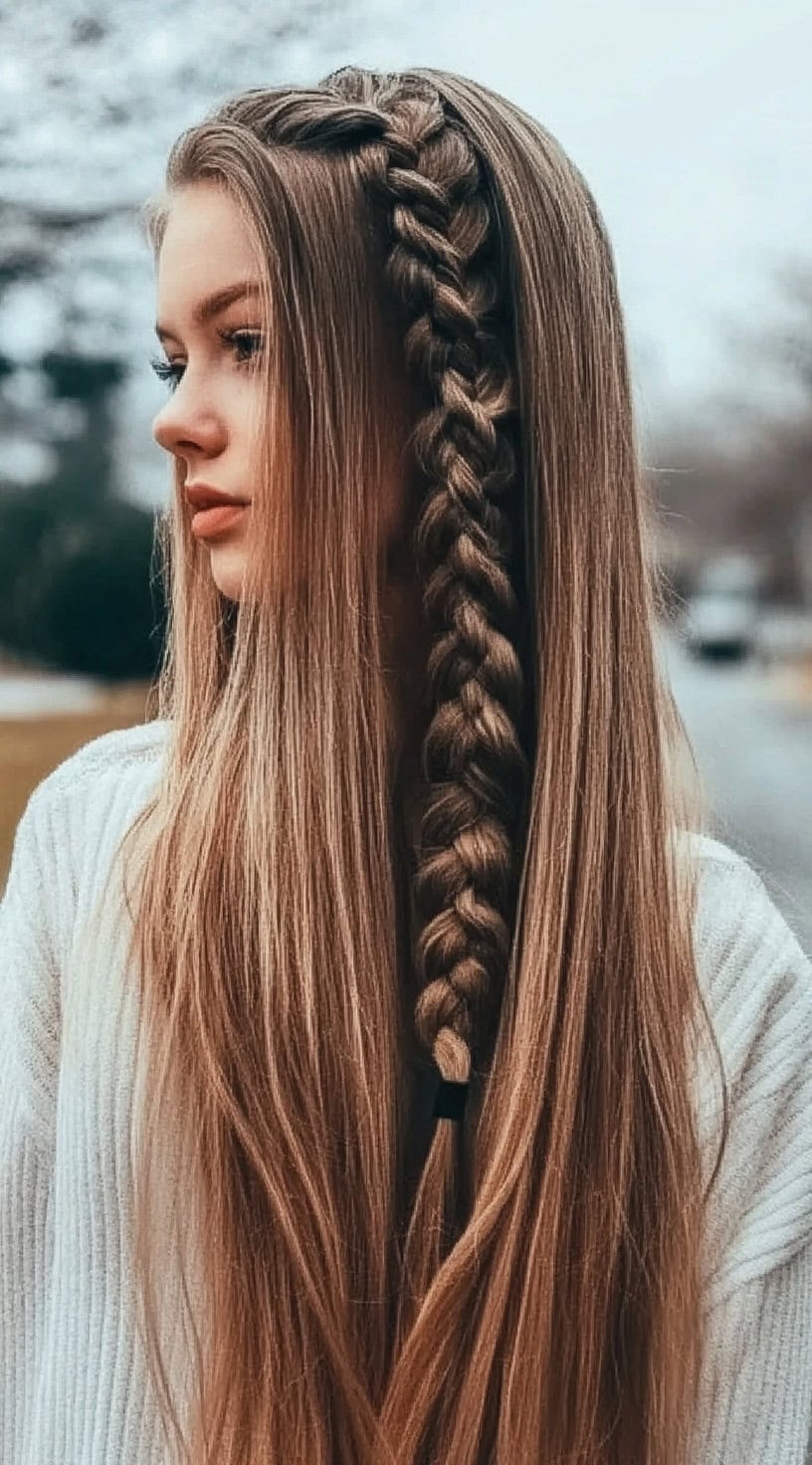A woman with long, honey-blonde hair styled into a thick side-swept Dutch braid, cascading down one shoulder.