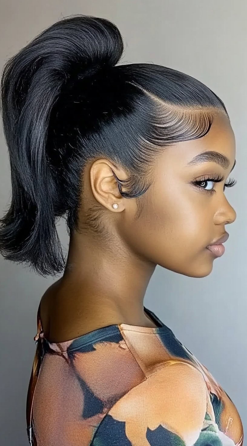 A woman with a sleek, high ponytail featuring flipped-out ends and precisely styled baby hairs along her hairline.