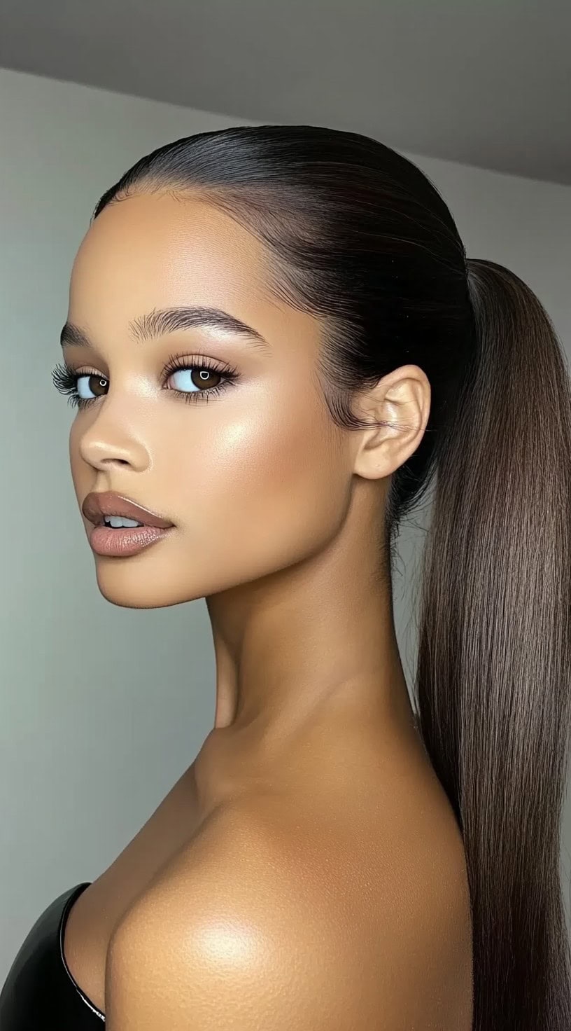 A woman with a sleek, high ponytail, perfectly smooth and glossy, wearing a strapless black dress.
