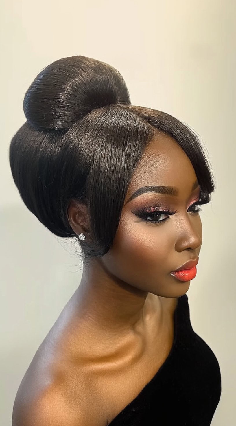 A woman with a flawless two-level high bun featuring voluminous, rounded shapes and sleek middle-parted bangs for a polished finish.