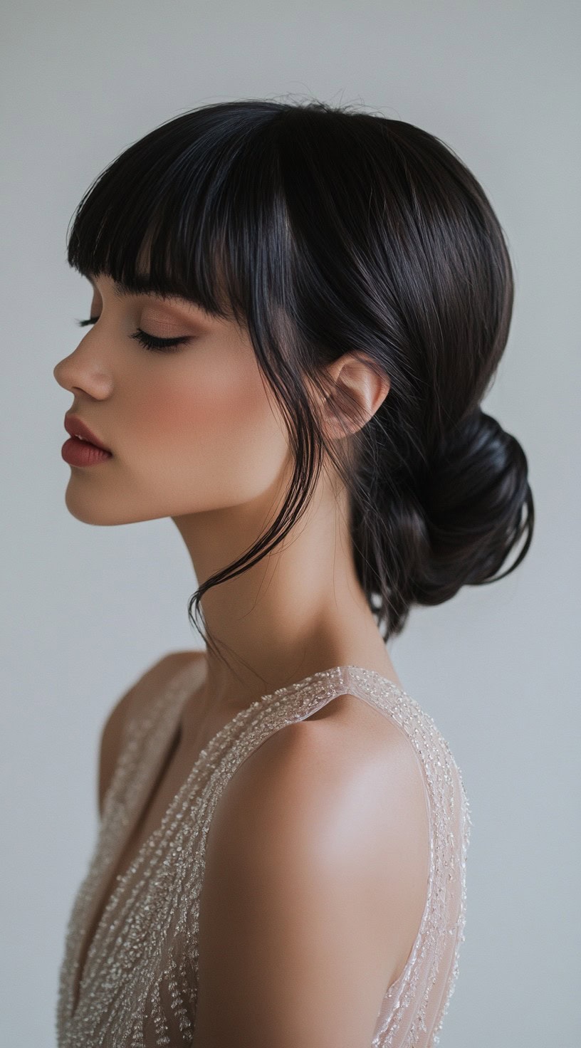 A woman with a sleek, polished low bun and blunt bangs, wearing a shimmering beaded gown and subtle makeup.