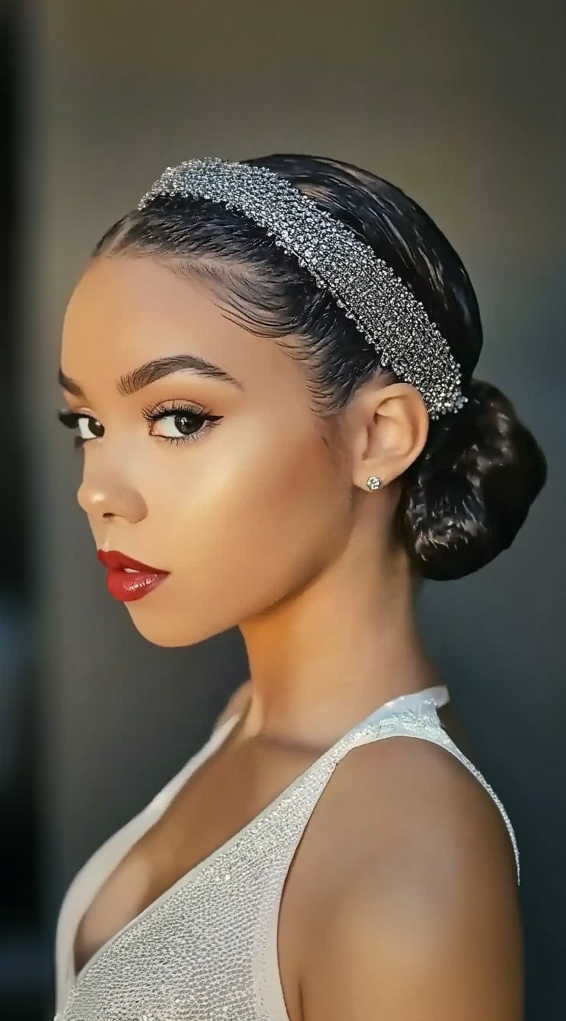 A woman with a sleek, low bun adorned with a shimmering headband, wearing a glamorous white dress and bold red lips.