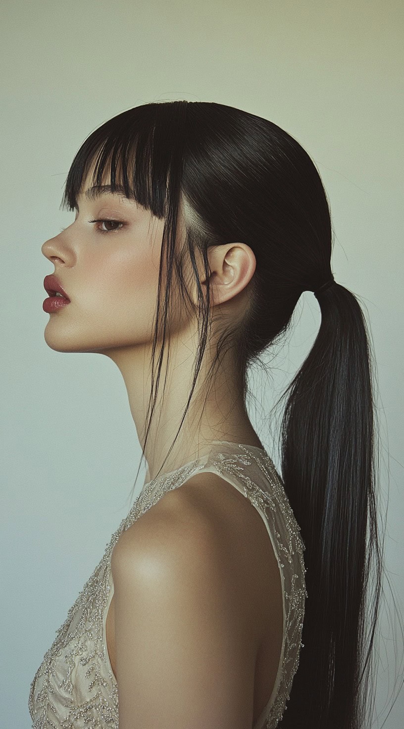 A woman with a sleek, straight low ponytail and blunt bangs, wearing a beaded gown with delicate face-framing strands.