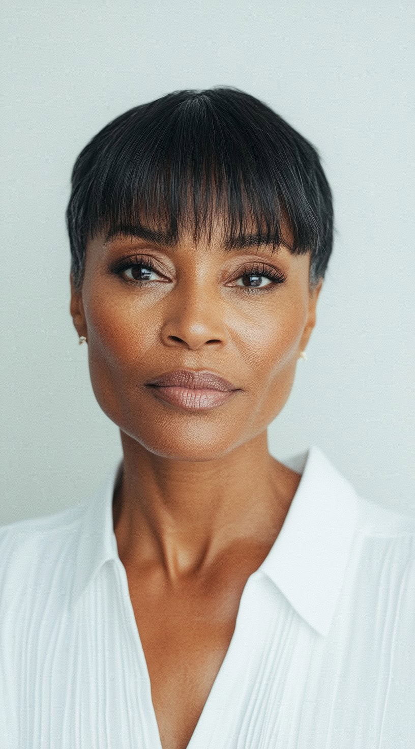 A poised older Black woman with a sleek pixie cut, featuring sharply defined blunt bangs for a modern and sophisticated finish.