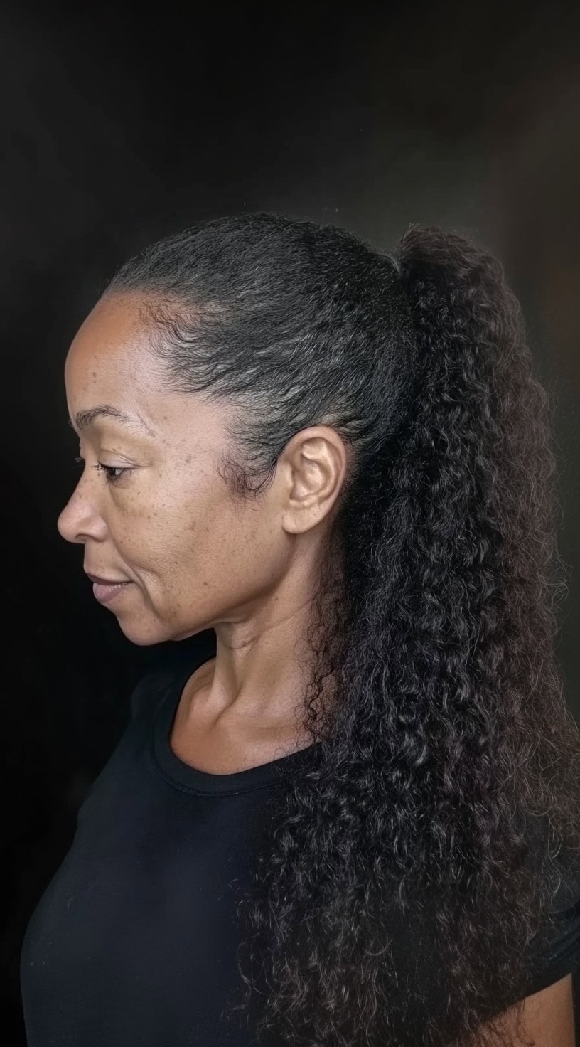 A woman with a sleek, high ponytail featuring natural curls cascading down her back.