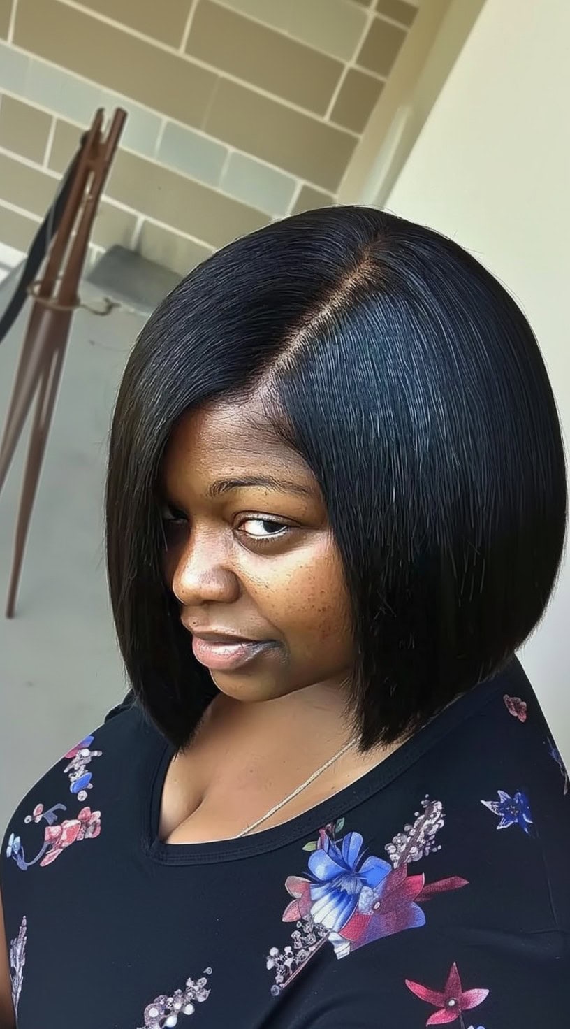 A woman with a sleek, straight, shoulder-length bob featuring a deep side part.