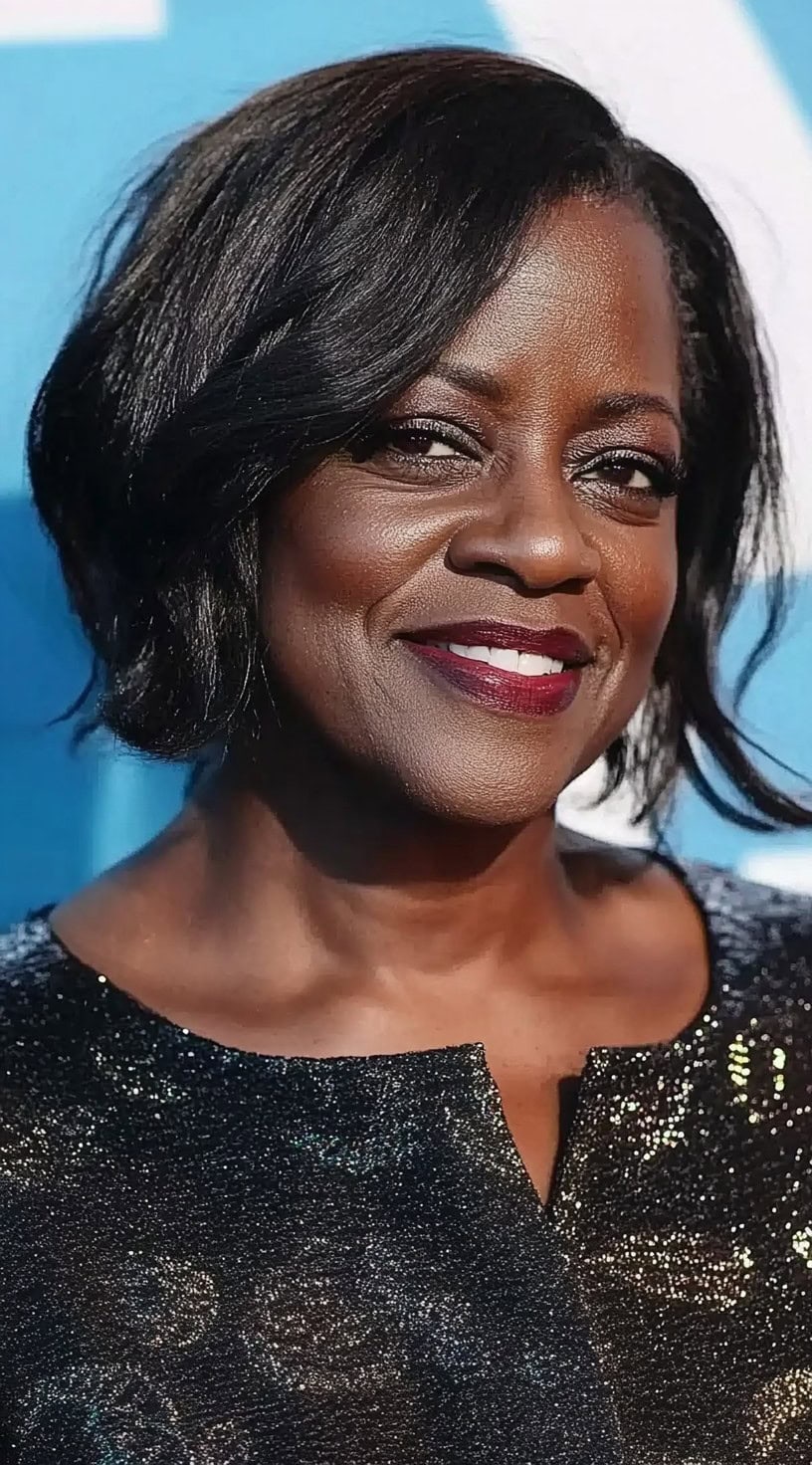 A radiant older Black woman with a sleek, side-parted bob, wearing a glittery outfit and smiling elegantly at an event.