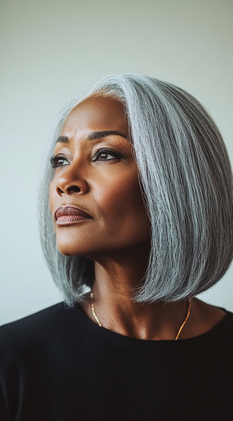 An elegant older Black woman with a sleek silver bob, parted to the side, wearing a black top and gold necklace.