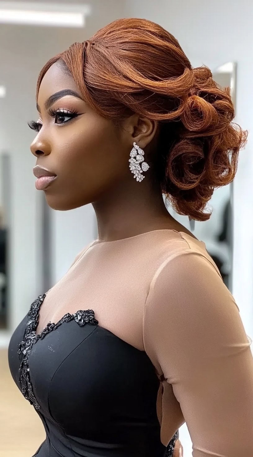 A woman with a copper-toned, voluminous curled updo, featuring delicate waves and a side-parted, lifted crown for an elegant effect.