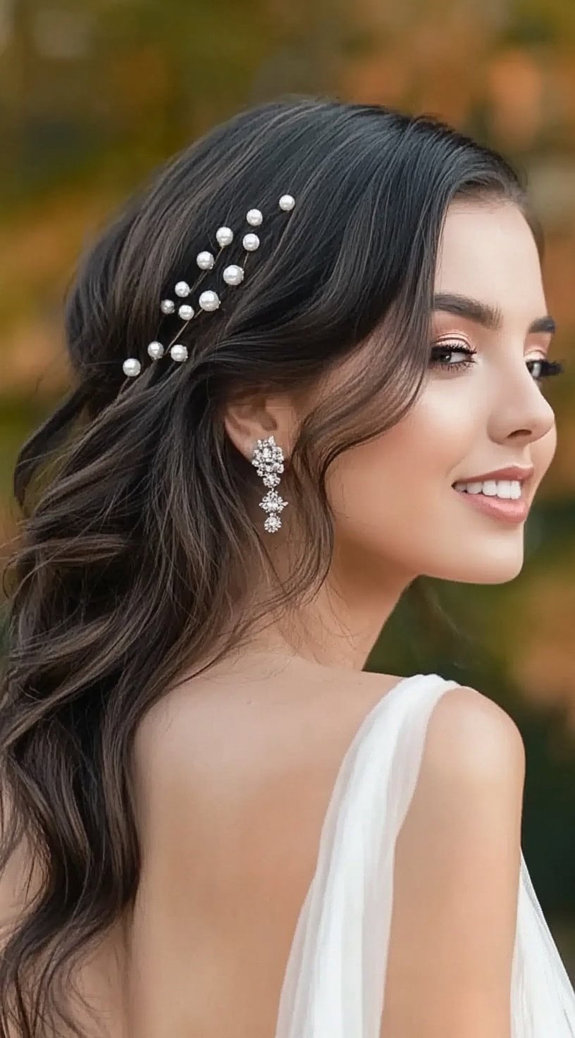 A woman with dark brown, softly curled hair swept to one side, adorned with a pearl hairpiece, wearing elegant dangling earrings.