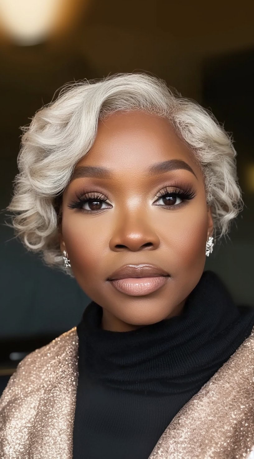 A woman with soft silver curls in a short, side-parted style, exuding elegance and sophistication.