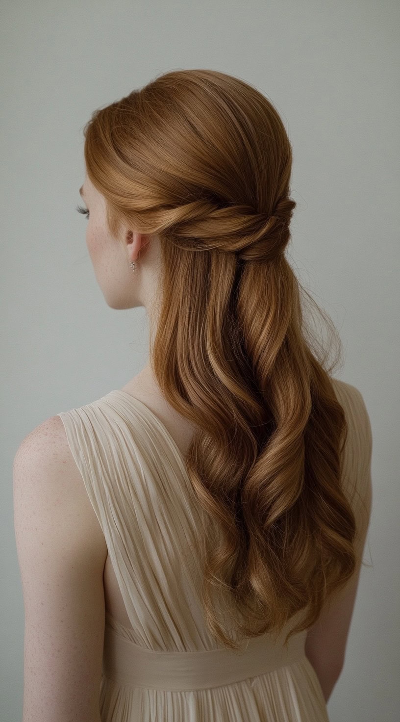 A woman with long, auburn waves styled into a half-up twist, wearing a pleated ivory dress.