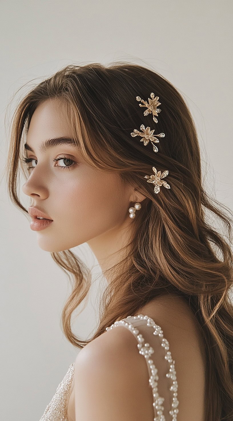 A woman with soft brown waves styled with delicate golden floral hair clips on one side, wearing pearl earrings and a beaded gown.