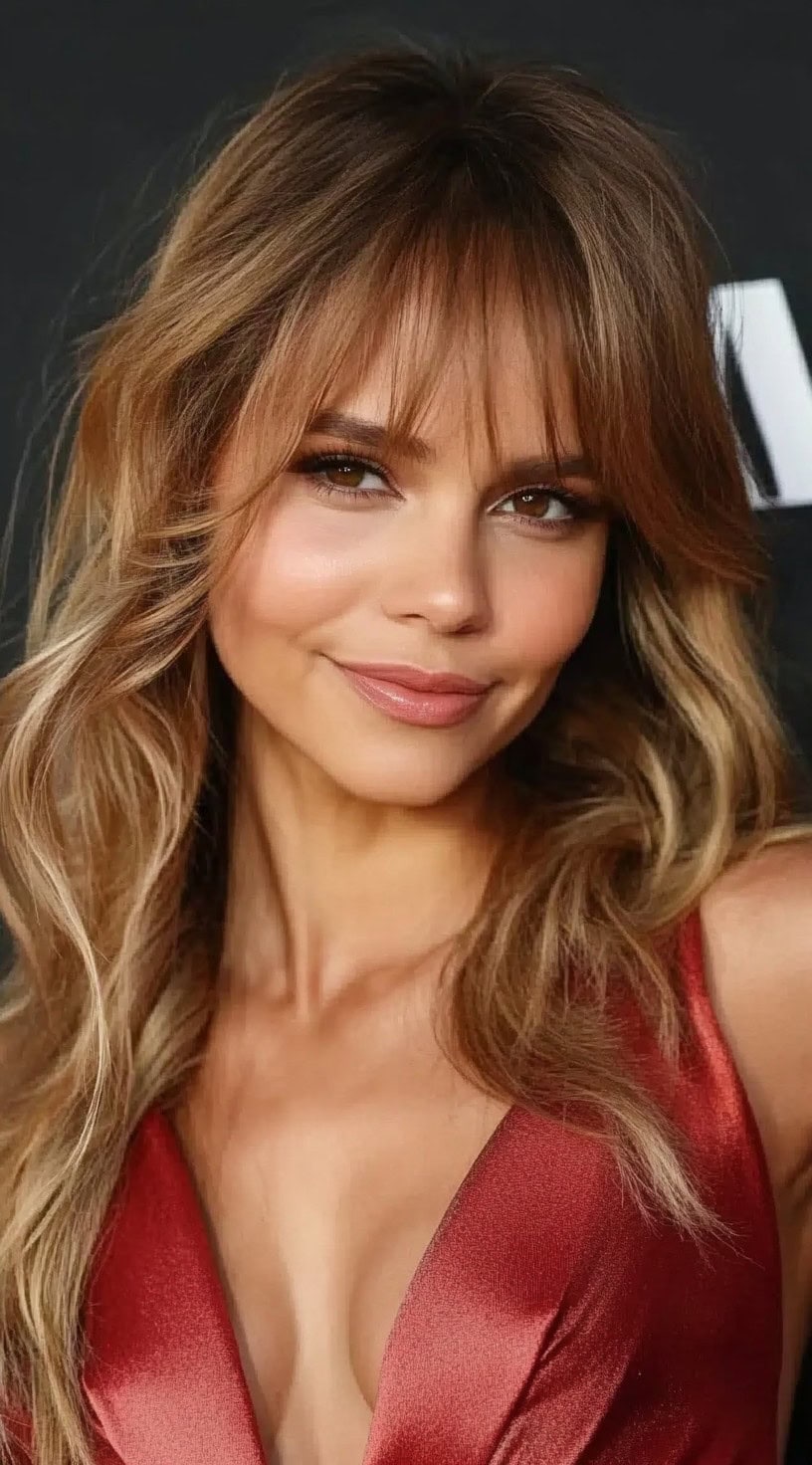 A woman with sun-kissed loose waves and wispy bangs, wearing a deep red satin dress, smiling effortlessly.