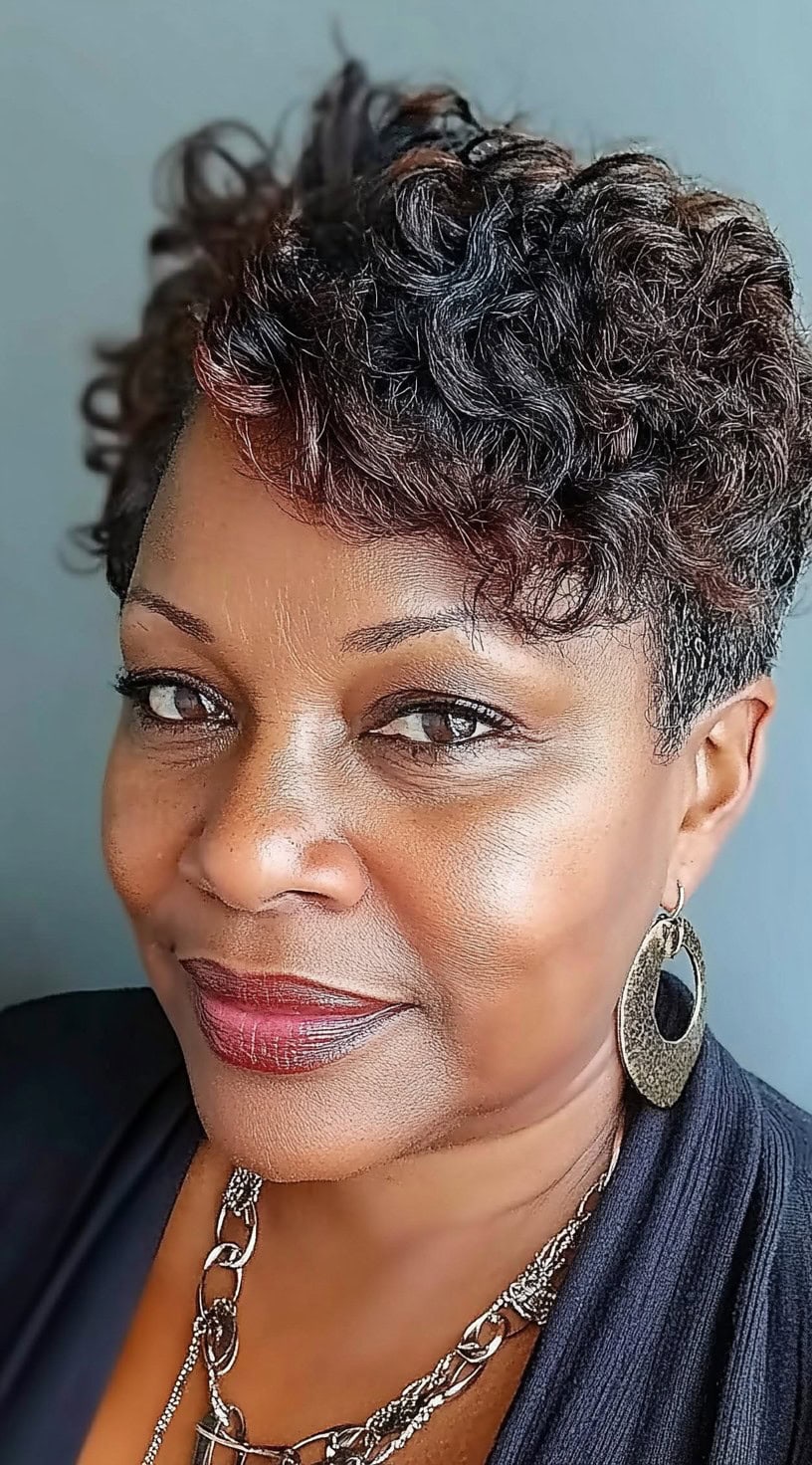 A woman with a short, tapered pixie cut styled with soft curls and subtle highlights for added depth.