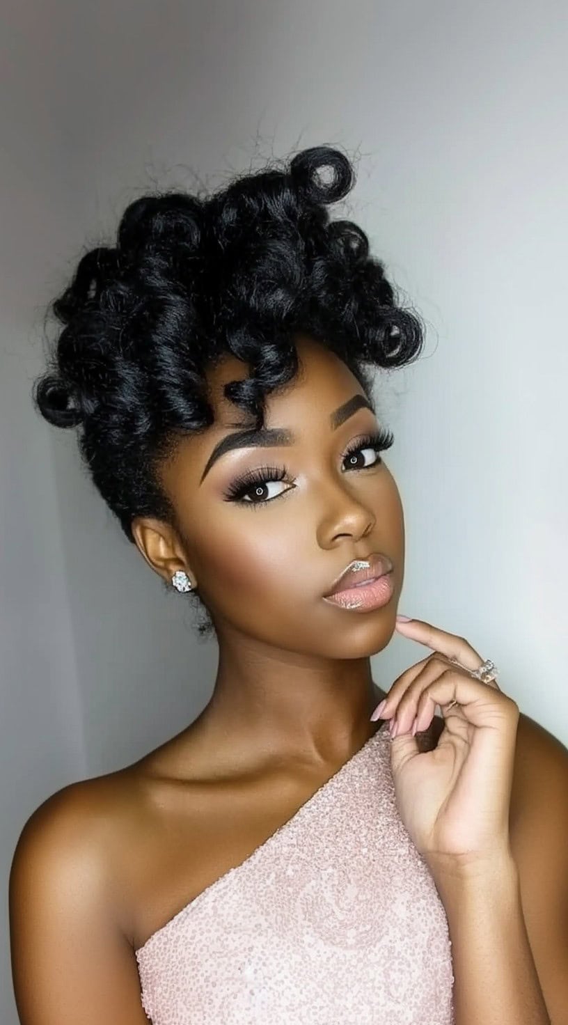 A woman with a voluminous updo featuring tight, structured curls elegantly pinned into place, with a few spirals framing her face.