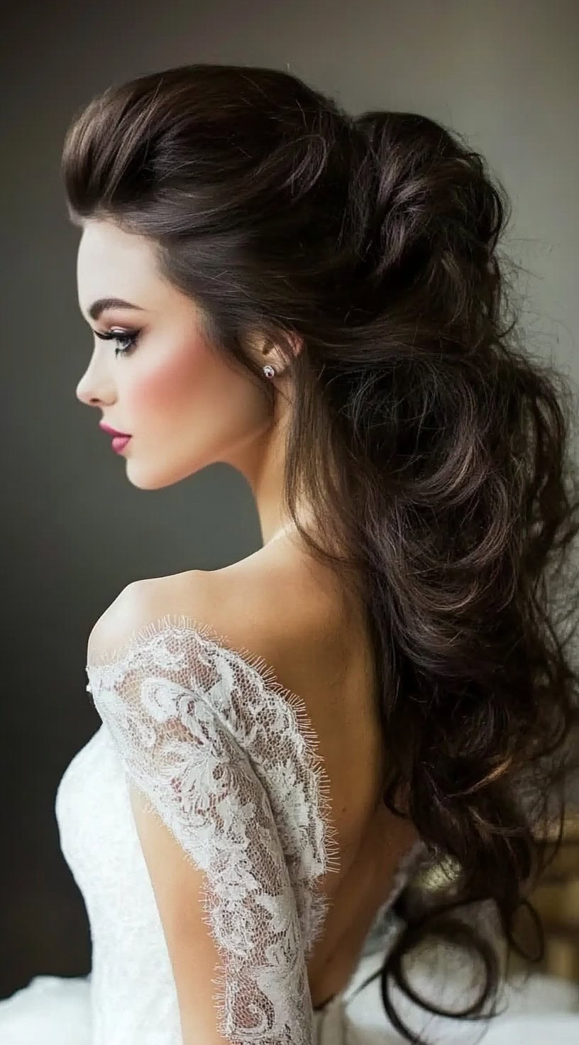 A woman in an off-the-shoulder lace gown with a voluminous, textured half-up bouffant and cascading curls.