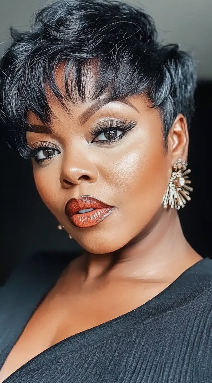 A woman with a jet-black, textured pixie cut featuring wispy bangs and soft layers around the face.