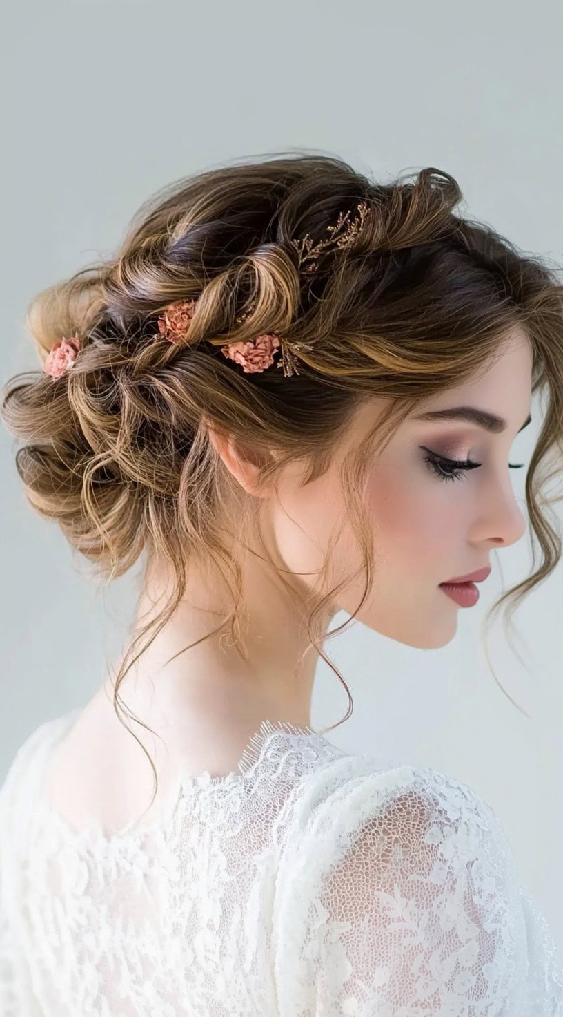 A woman with soft, tousled brunette hair styled into a textured low updo, adorned with small dried flowers for a romantic touch.