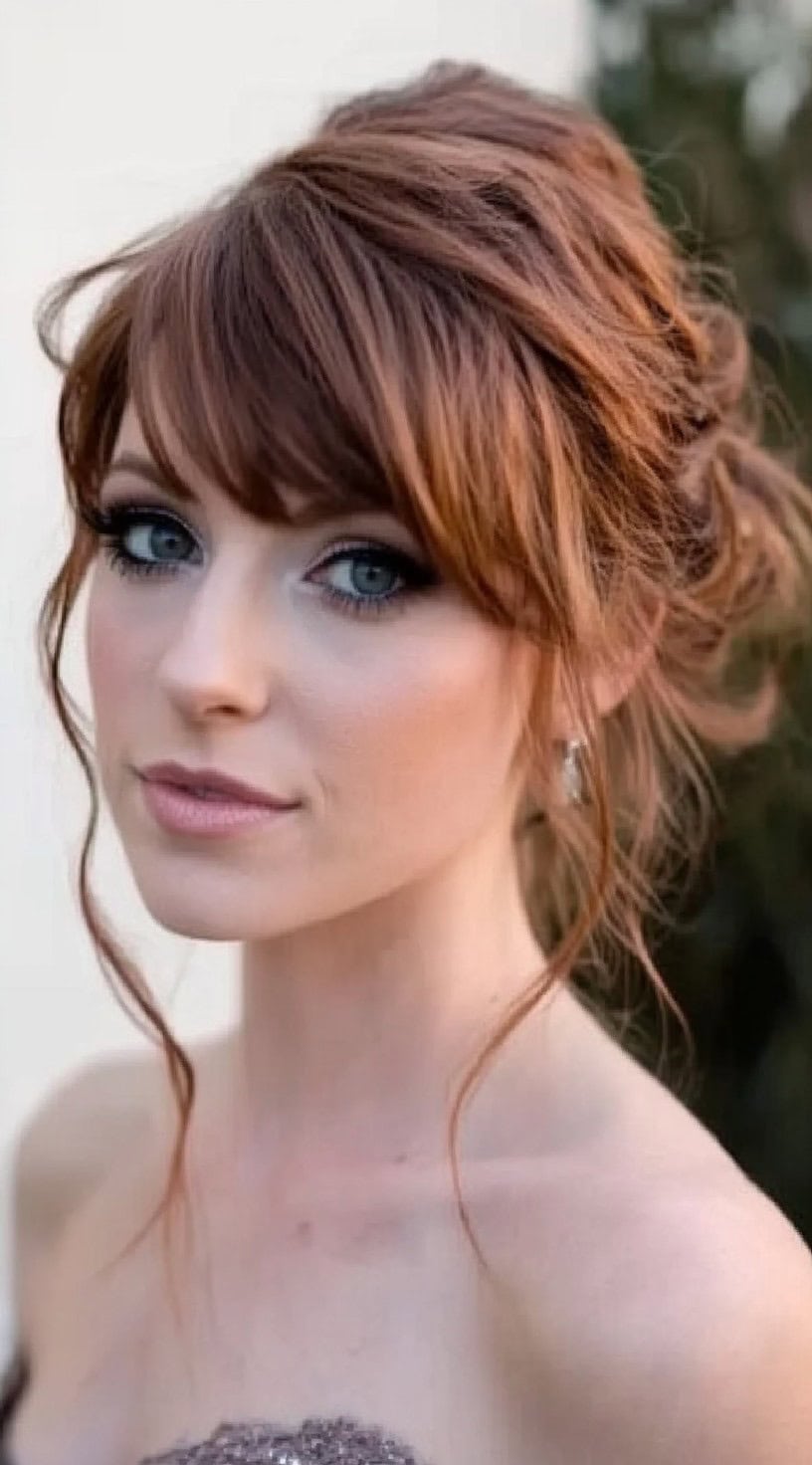 A woman with a messy updo in a warm red tone, featuring side-swept bangs and soft curls, wearing a strapless gown and natural makeup.