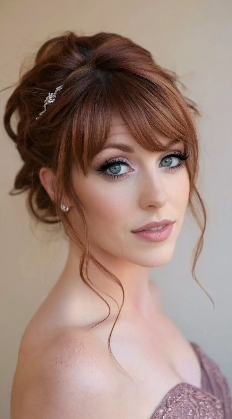 A woman in a blush strapless dress with a voluminous updo, featuring loose curls and side-swept bangs, accessorized with a delicate hairpiece.