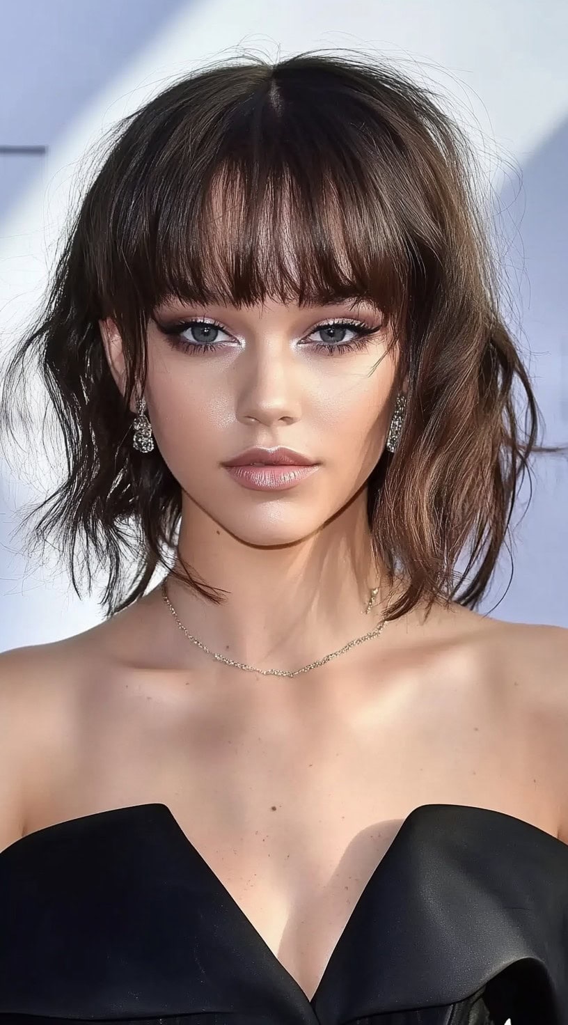 A woman with a short wavy bob, choppy bangs, and subtle highlights, wearing a black off-shoulder dress with elegant jewelry.