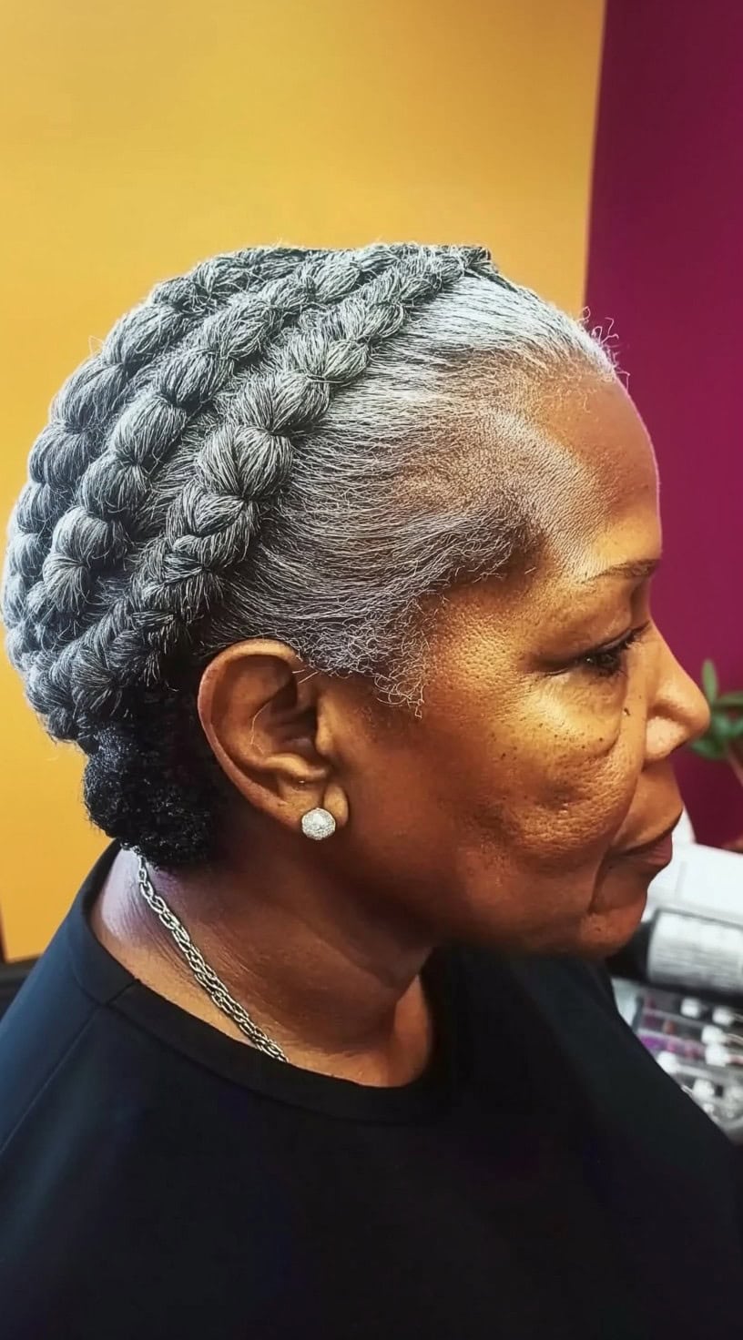 Side profile of an older woman showcasing triple halo braids in silver-gray hair, neatly wrapped around the head.