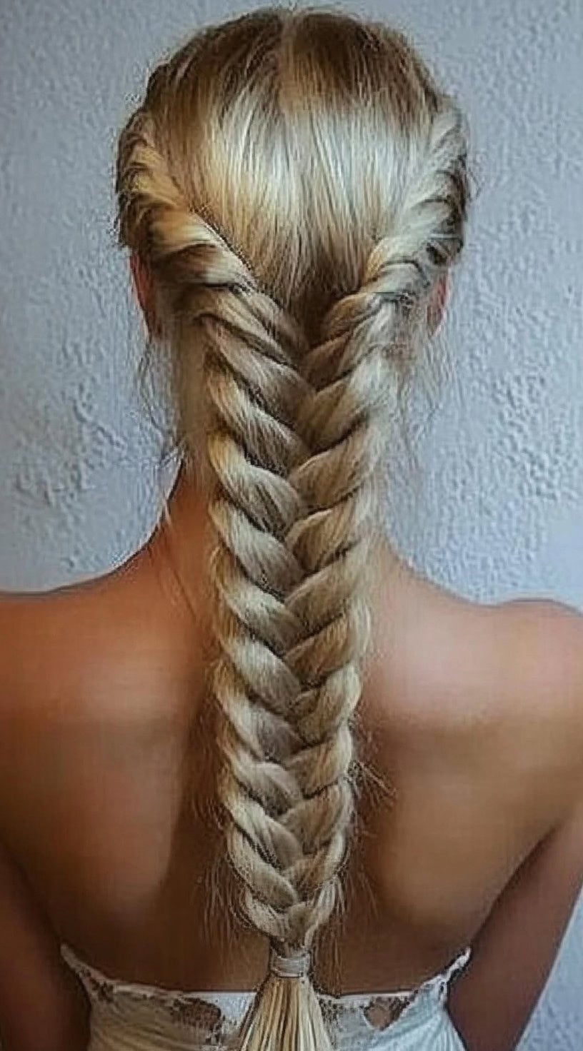 A woman with long, blonde hair styled into two French braids that merge into a single, intricate fishtail braid at the nape of her neck.